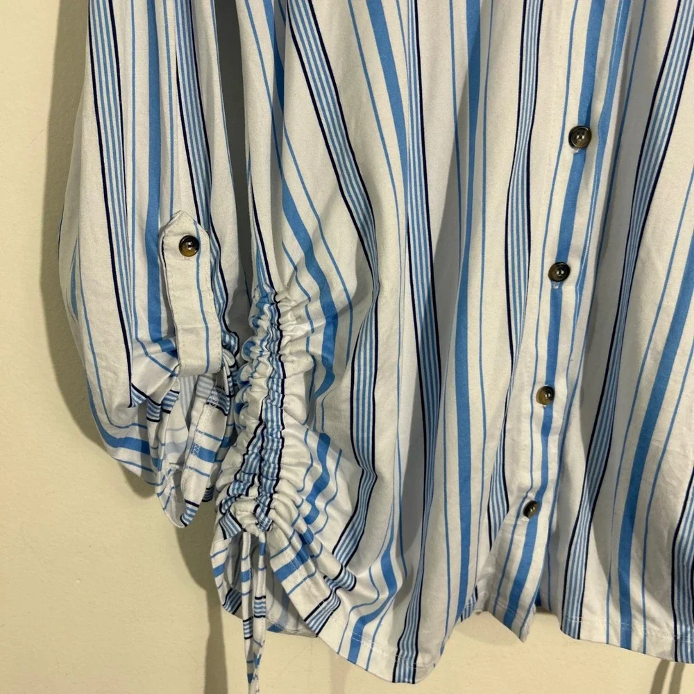 Striped Button Down Shirt Blue White Long Sleeve Drawstring Casual Womens - Picture 8 of 9